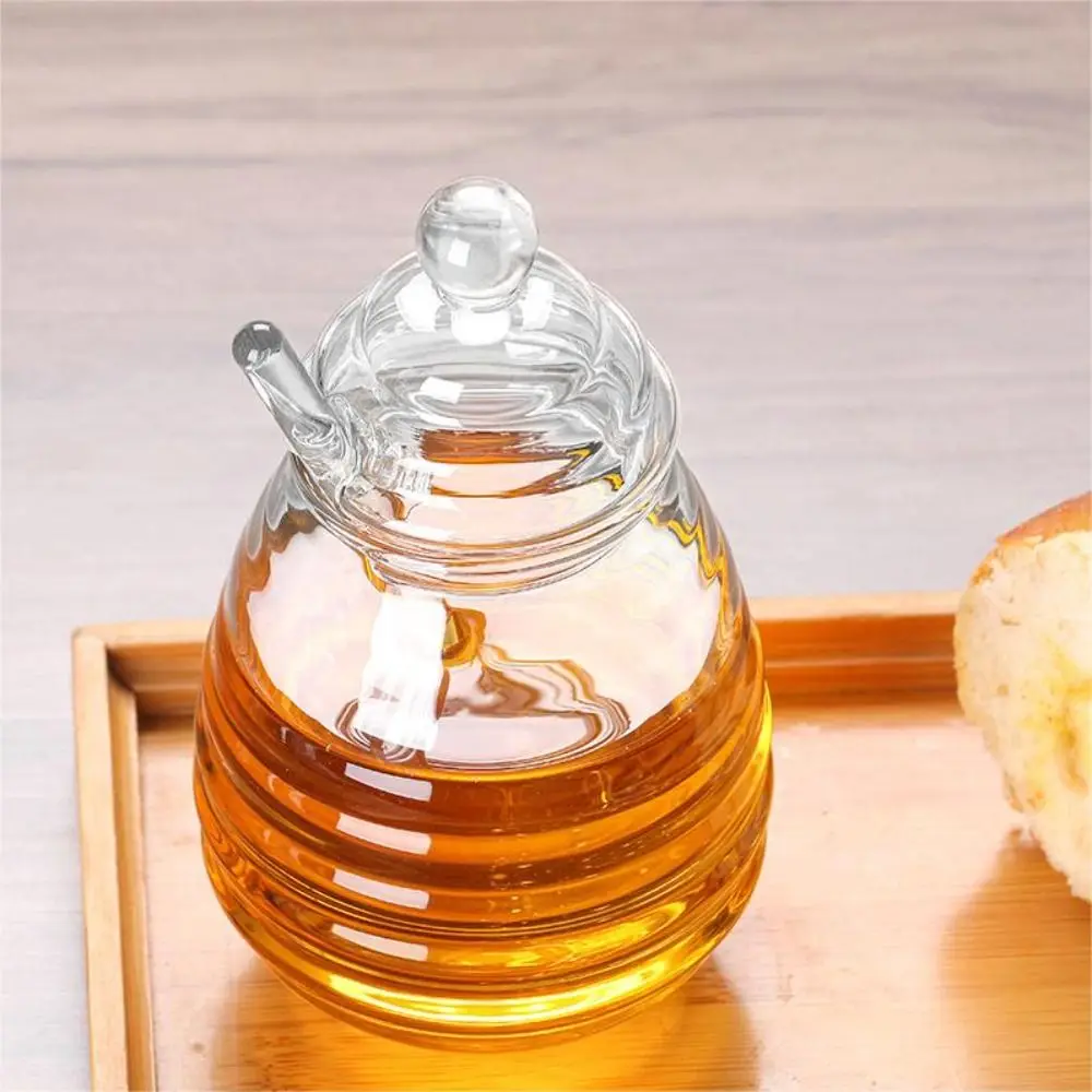 

Glass Honey Jar with Lid Transparent Jam Jar Creative Striped Glass Bottle Home Kitchen Honey Storage Container with Mixing Rod