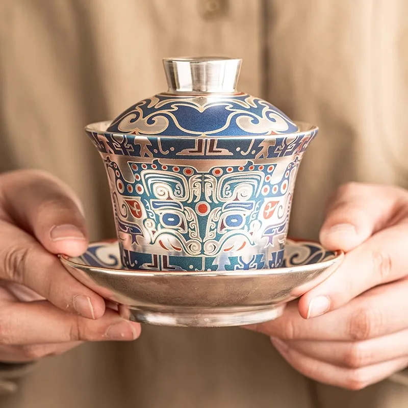 

Чаша Taotie Pattern с тремя талантами, покрывающая чайник кунг-фу, чайник 999 пробы, серебристый свет, роскошный элитный чайный сервиз, чайная чаша с крышкой, большая