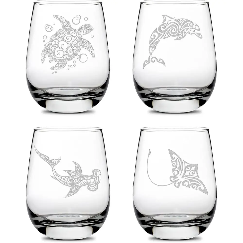 

Набор из 4-х бокалов для вина ручной работы: Черепаха, Дельфин, Акула-молот, Дизайн ската, Ручная работа, Ручная гравировка, Песок Ca