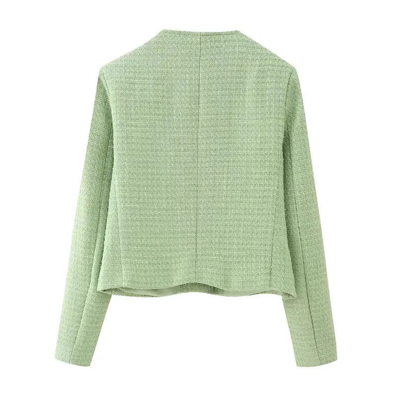 TRAF 2023 Green Tweed Jacket Women Vintage Cropped Jacket Woman Fashion Autumn Elegant Womens Jackets Long Sleeve Short Coats