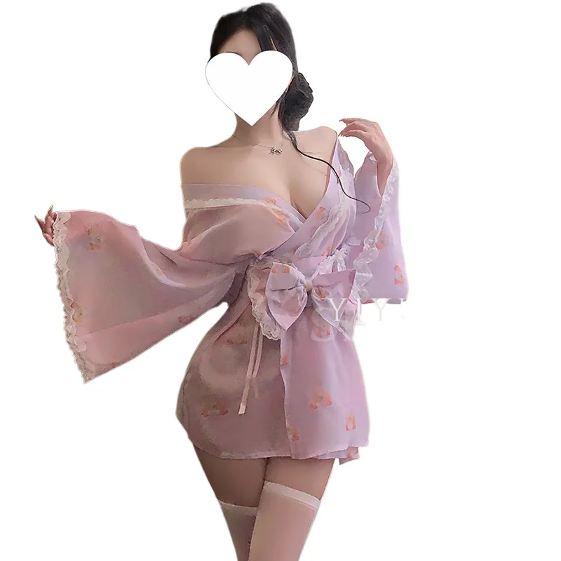 

Cute Bow Japanese Kimono Sexy Pure Desire Cosplay Women's Set Long Sleeved Pajamas Lace Nightdress Bathrobe Adult Home Nightgown