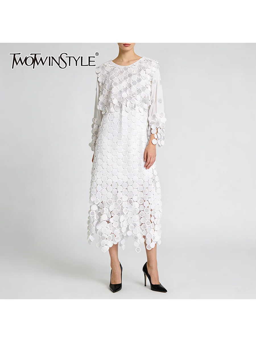

TWOTWINSTYLE Solid Spliced Sequins Two Piece Sets for Women O Neck Long Sleeve Top High Waist Chic Skirt Casual Set Female 2026