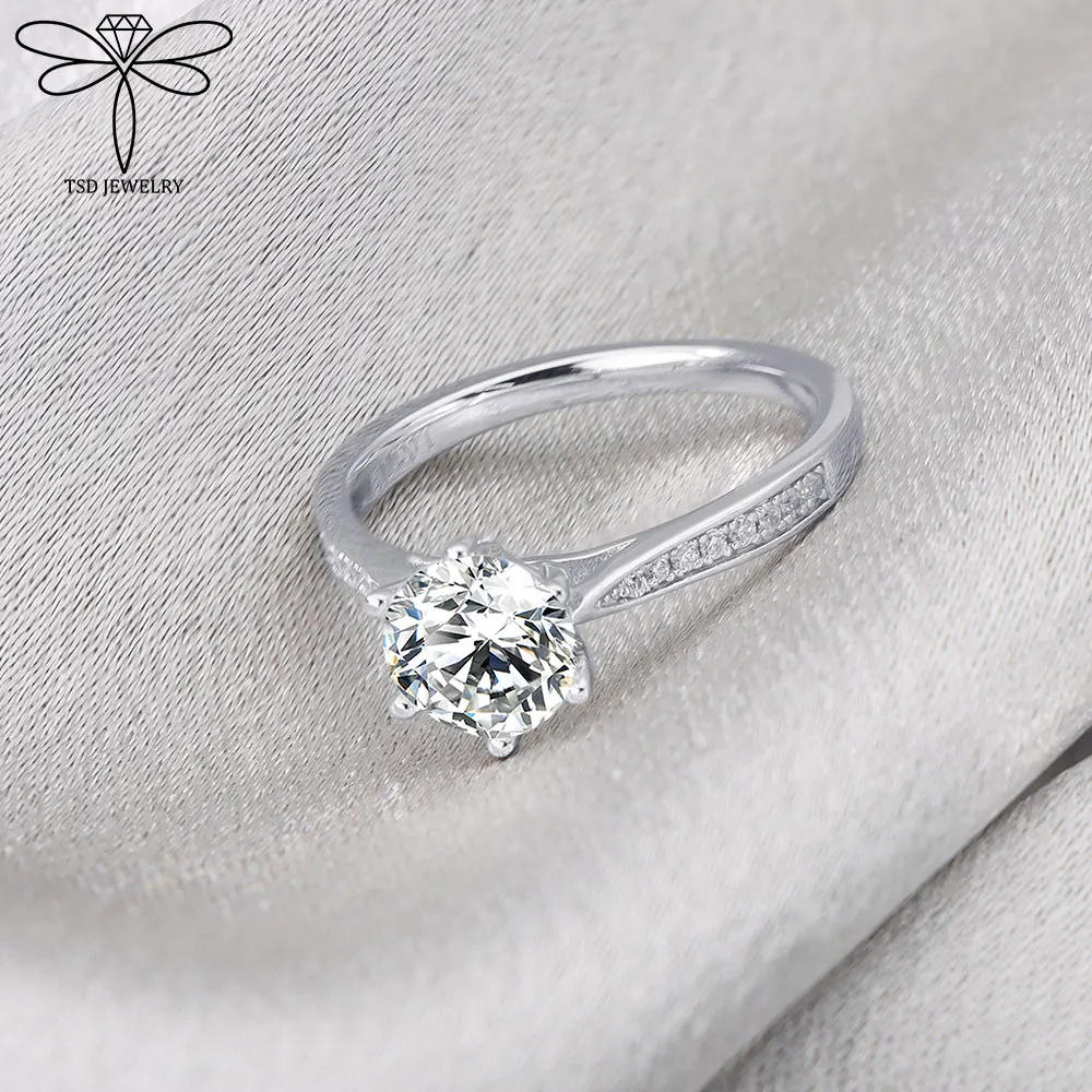 

100% стерлингового серебра 925 пробы, обручальные кольца с муассанитом, 1 карат, пасьянс, сверкающее бриллиантовое обручальное кольцо, женские ювелирные изделия