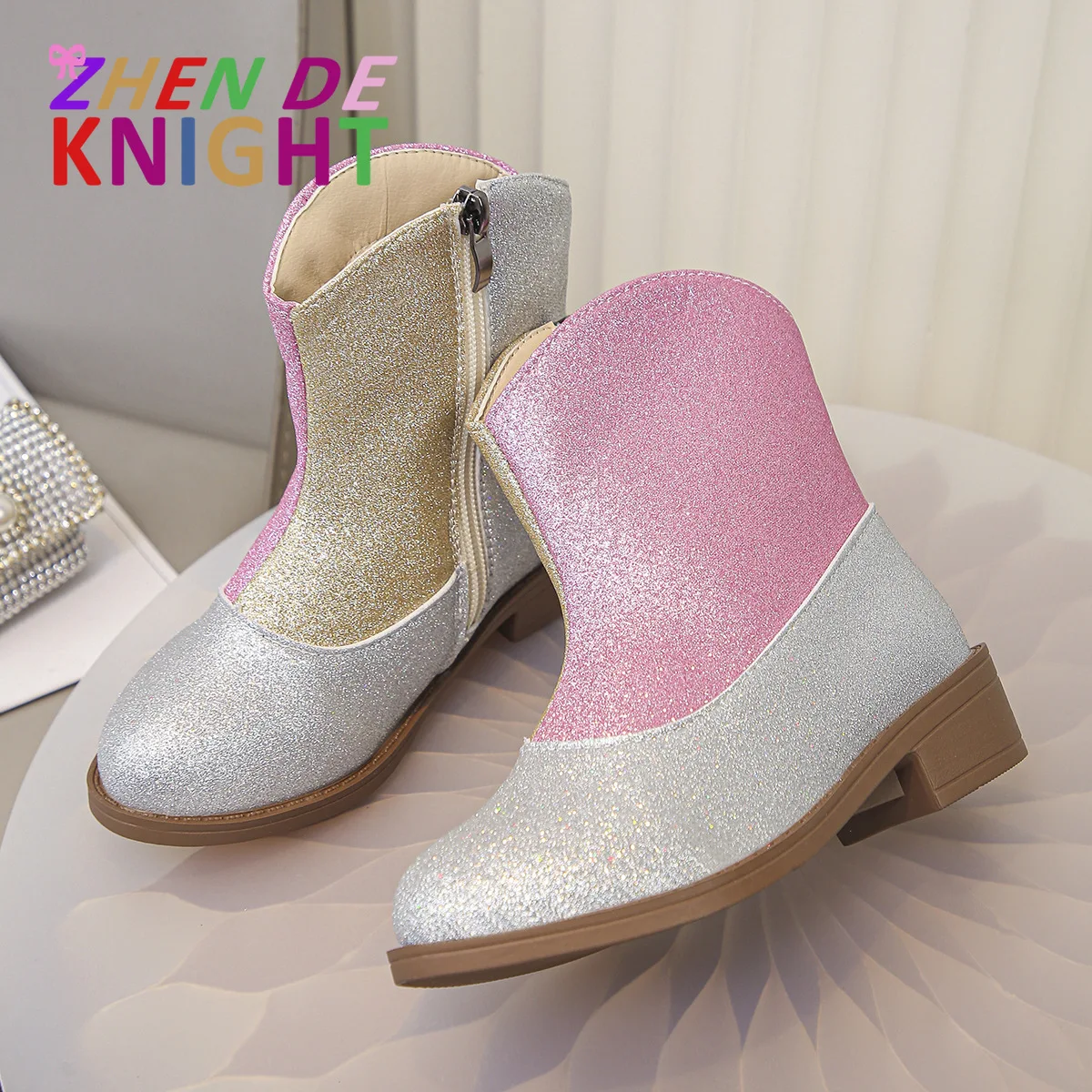 أحذية الأميرة للأطفال الأنيقة للفتيات لامعة وكتلة ألوان سهلة الإغلاق بسحاب، أحذية قصيرة أنيقة للأطفال الصغار #1