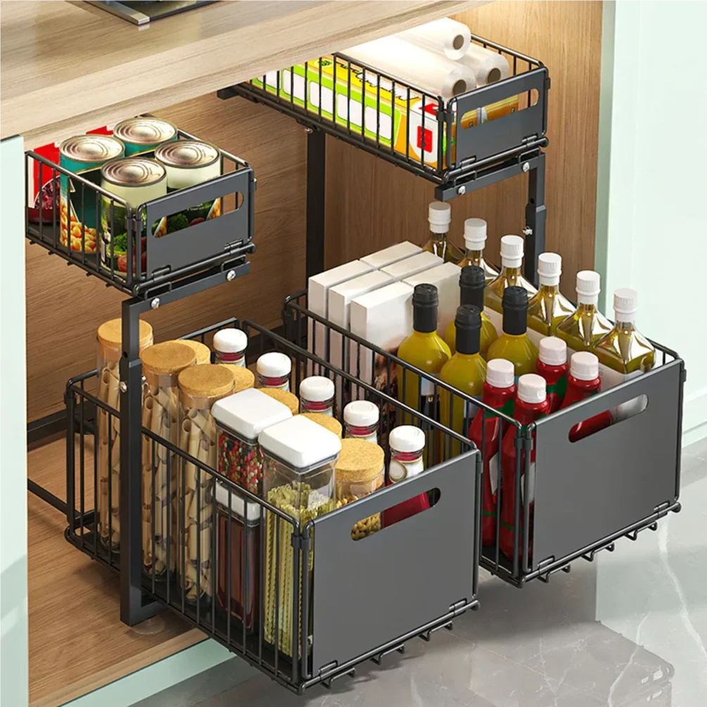 منظم تخزين تحت المغسلة من طبقتين، سلة تخزين خزانة منزلقة قابلة للتعديل، رف تخزين المطبخ مع أكواب شفط، كابينة سحب للخارج #3