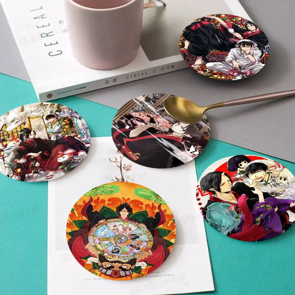 

Hozuki's Coolheadedness Pattern Art Painted Wooden Anti-slip Coasters, Suitable For Decoration Of Living Room Kitchenware