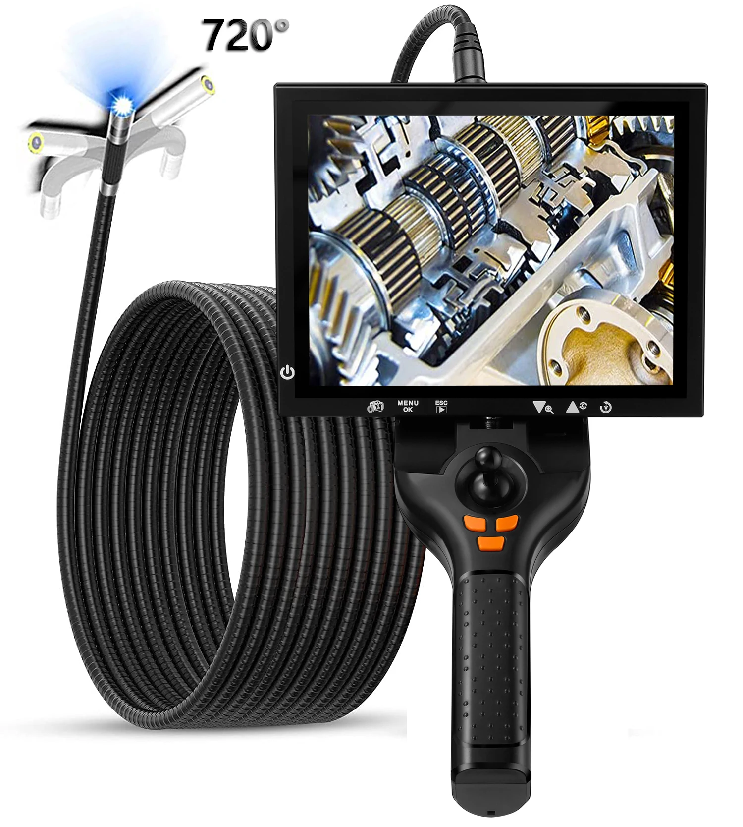 

720° 4-Way Rotation Articulating Borescope IP67 Probe Automotive Endoscope Inspection Camera 8 Adjustable LED Light 8in display