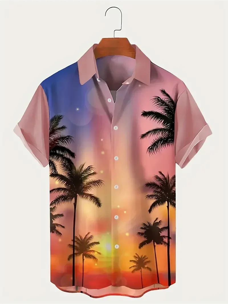 Camicia da uomo hawaiana con motivo a albero di cocco, top casual oversize a maniche corte, top monopetto alla moda, top alla moda, uomo