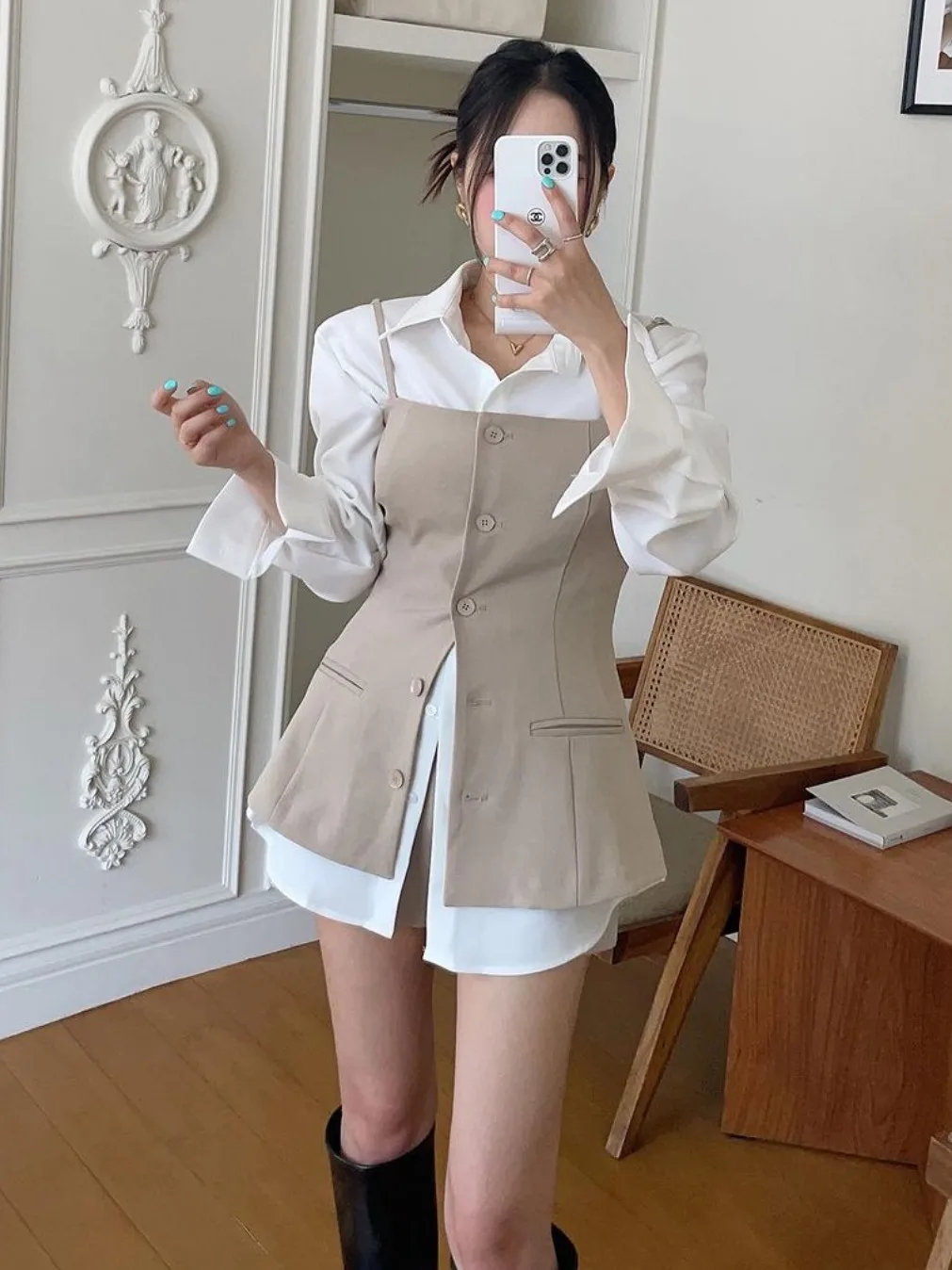 Fashionable Commute Style Women\'s Shirt Suit Vest Set Quality Cotton 100% Elegant Atmosphere Office Wear Casual Chic