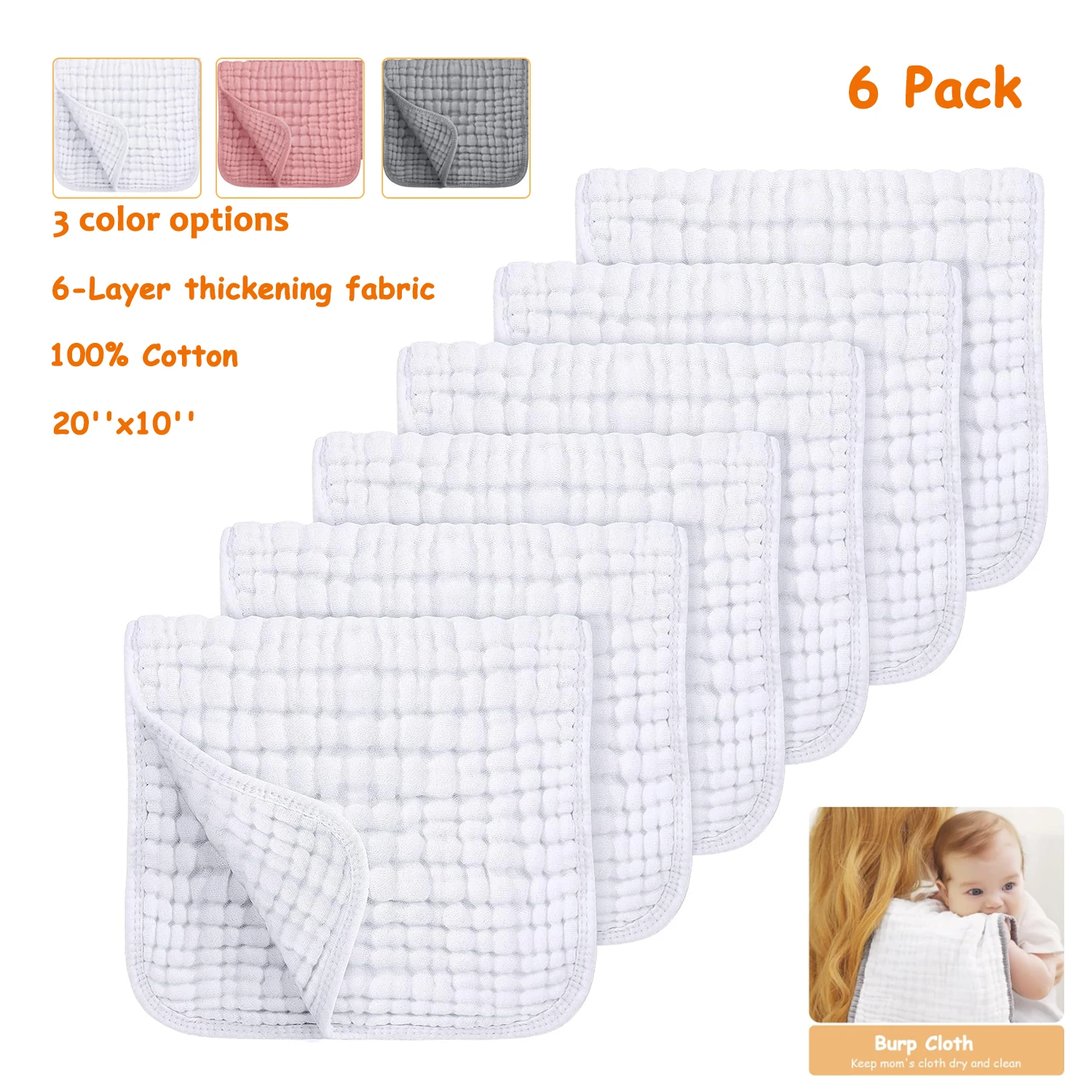 6pcs Baby Burping Cloth Large 20\'\'x10\'\' Extra Soft and Absorbent Muslin Burp Cloths 100% Cotton Washcloths For Baby