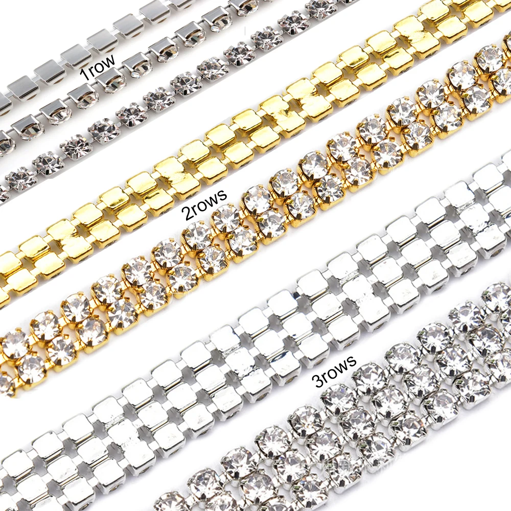 Multiple Rows ss8-ss16 Flatback Gold and Silver Rhinestones Cup Chain Shiny Crystals Stones Beads Metal Claw Clothing Crafts