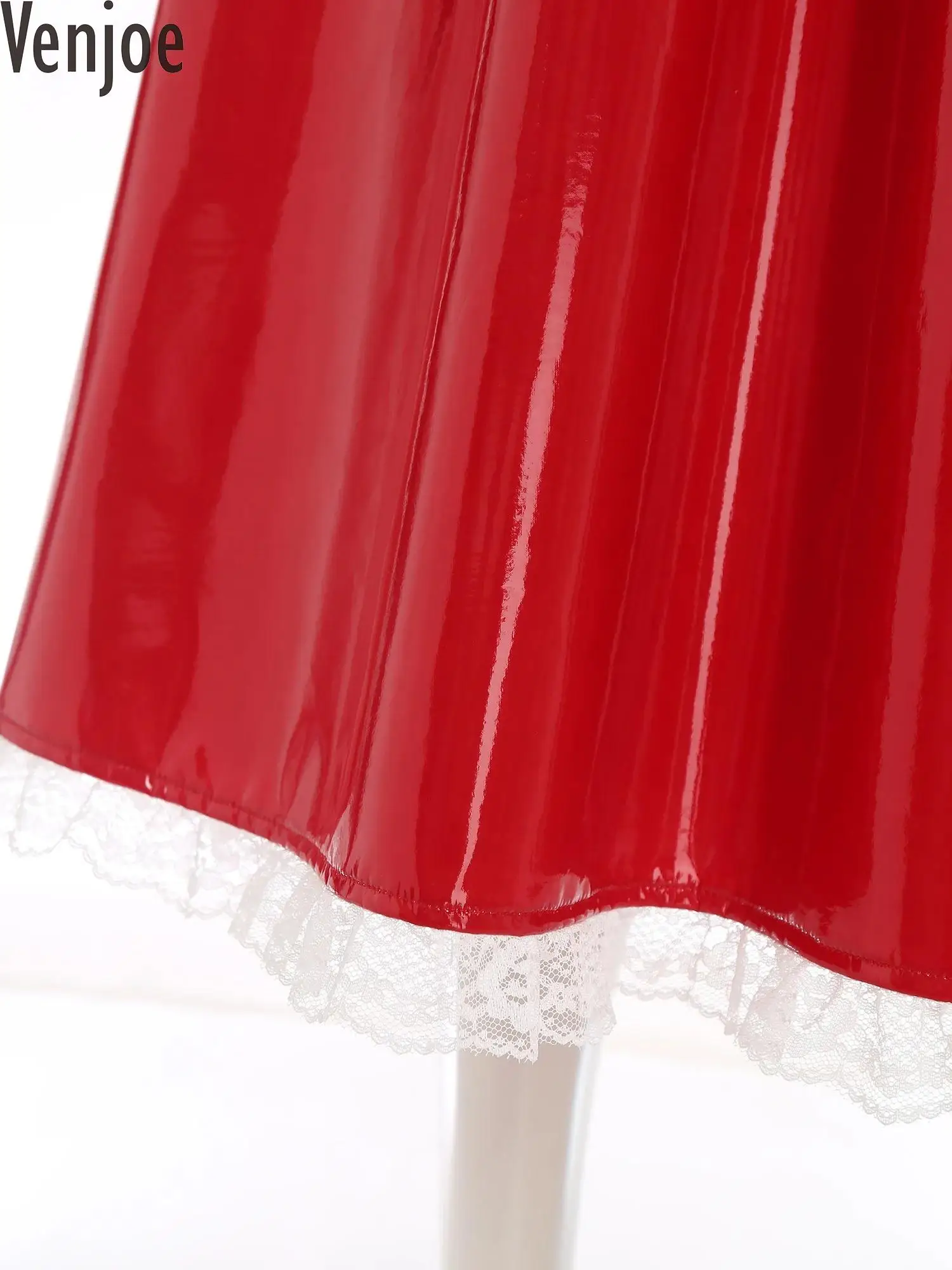 

Womens French Maid Cosplay Costum Satin Lapel Collar Lace Trim Short Sleeve Dress with Apron Wet Look Maxi Dress for Halloween
