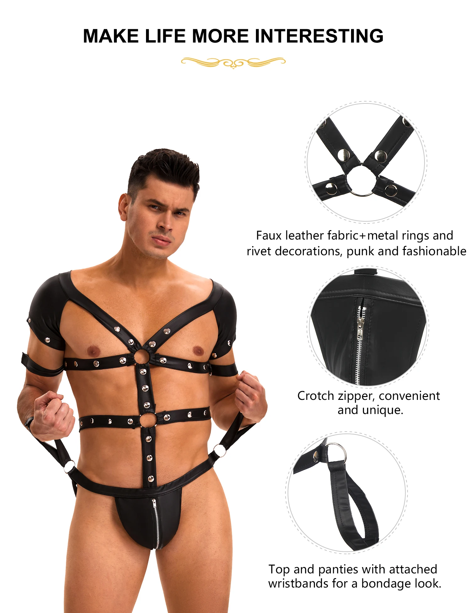Black Mens Underwear Rivet Sexy Faux Leather Harness Zipper Bondage Bodysuit Bracelet Body Shaper Briefs Top Lingeries Plus Size
