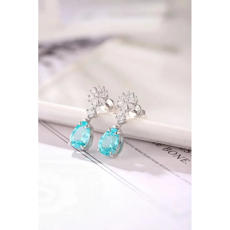925 Sterling Silver Lab Grown Paraiba Simulated Zircon Pear Cut 6 Carat Stud Earrings for Women Elegant Gift Jewelry