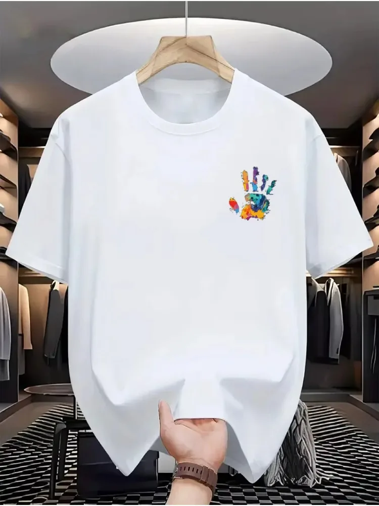 Men's Summer 100% Pure Cotton Casual Fashion Painted Handprint Print Loose Sports Round Neck Short Sleeved T-shirt Versatile Top