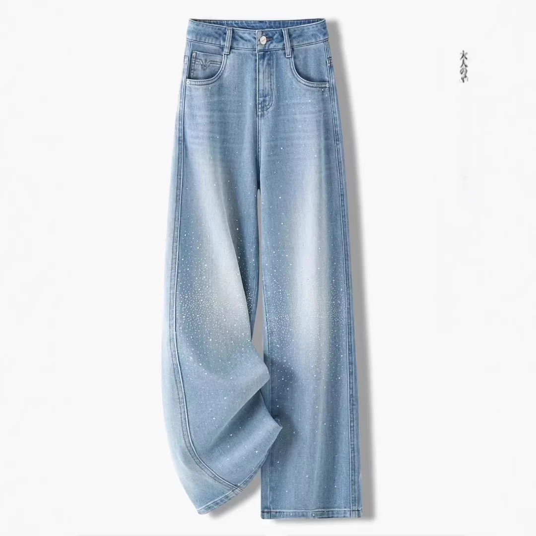

Light Blue Sparkling Starry Sky Rhinestone Straight-Leg Jeans For Women, 2026 Spring And Autumn New High- Narrow Wide-Leg