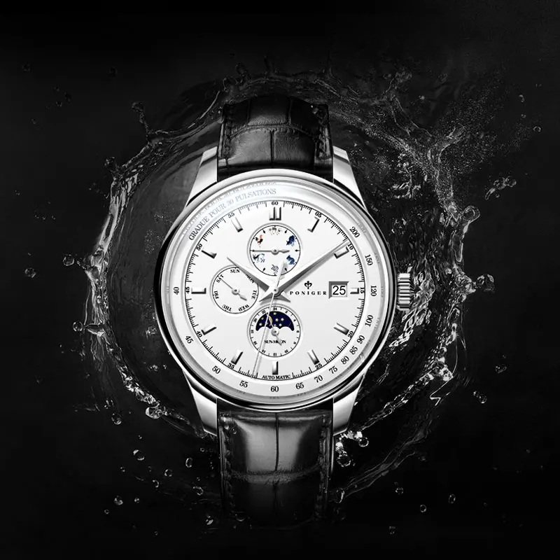 PONIGER 2025 New Men's Watch Top Luxury Automatic Movement Mechanical Clock Stainless Steel Waterproof Multifunction Men's Watch