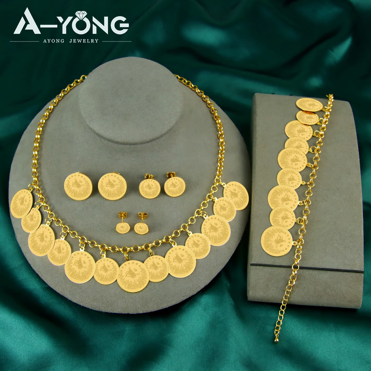 

Nigeria Wedding Jewelry Set 21k Gold Plated Turkish Fashion Coins Necklace Bracelet Earrings Oman Women Bridal Luxury Jewelrys
