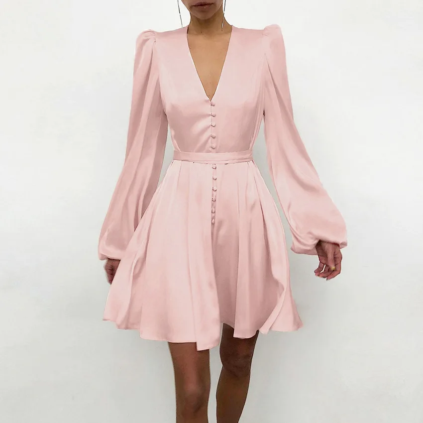 Elegante vestido de fiesta rojo para mujer, vestido Midi de satén con cuello en V, botones de manga larga, línea A, sólido, otoño