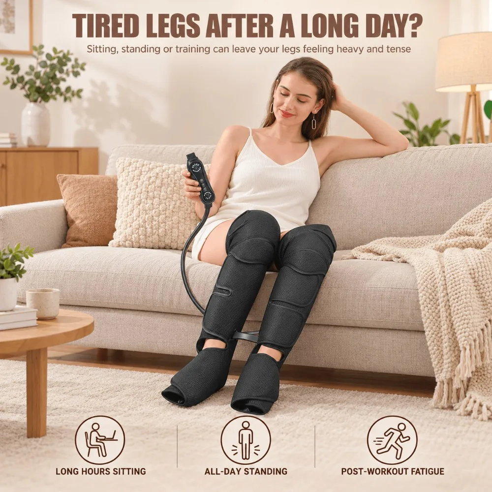 Air Pressure Leg Massager, Full Leg Compression Boots with Heat, Timer and Controller, Foot Calf Thigh Massage for Circulation