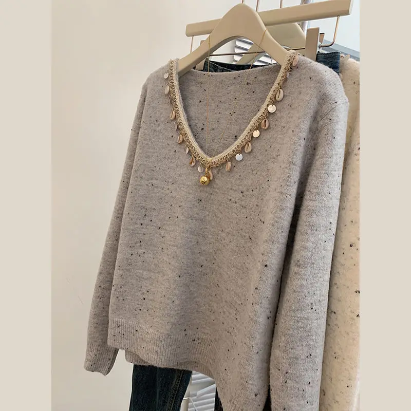 Women\'s Stylish Vintage Sequins Chic Knitted Sweater Autumn Winter Printed V Neck Long Sleeve Loose Pullover Tops Female Jumpers