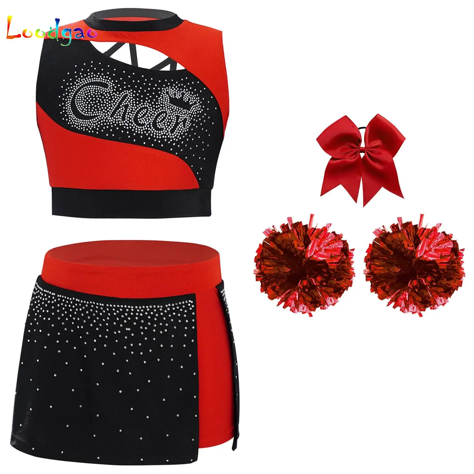 

Kids Girls Sleeveless Rhinestones Crop Top+Skirt+Headwear+Flower Balls Cheerleading Outfits Cheer Stage Performance Costume