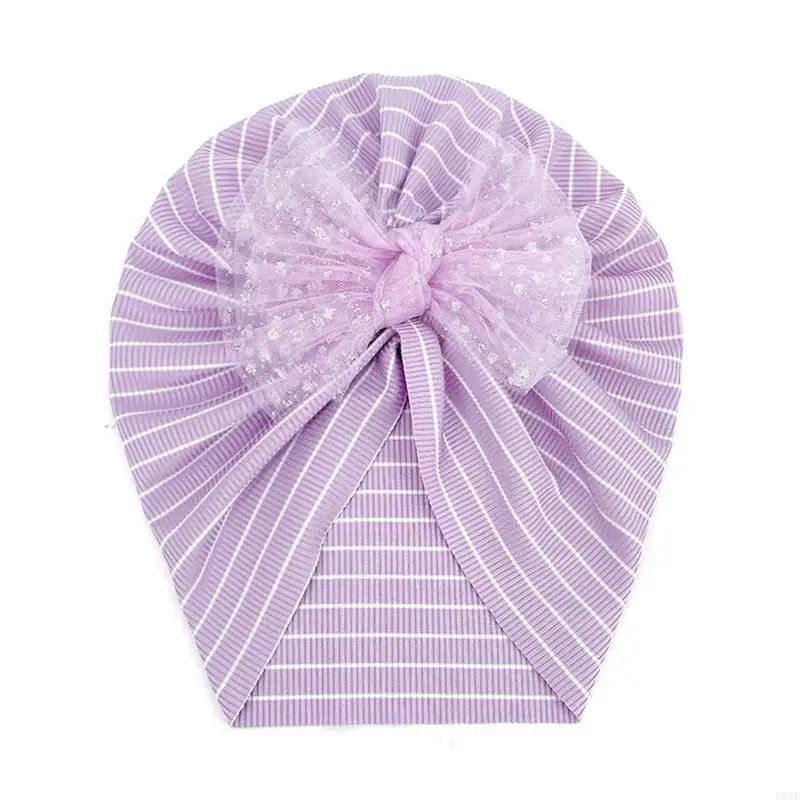 

95AE Newborn Infant Baby Striped Turban Hat with Mesh Sequins Bowknot Ribbed Knitted Toddlers Princess Muslim Bonnet Beanie