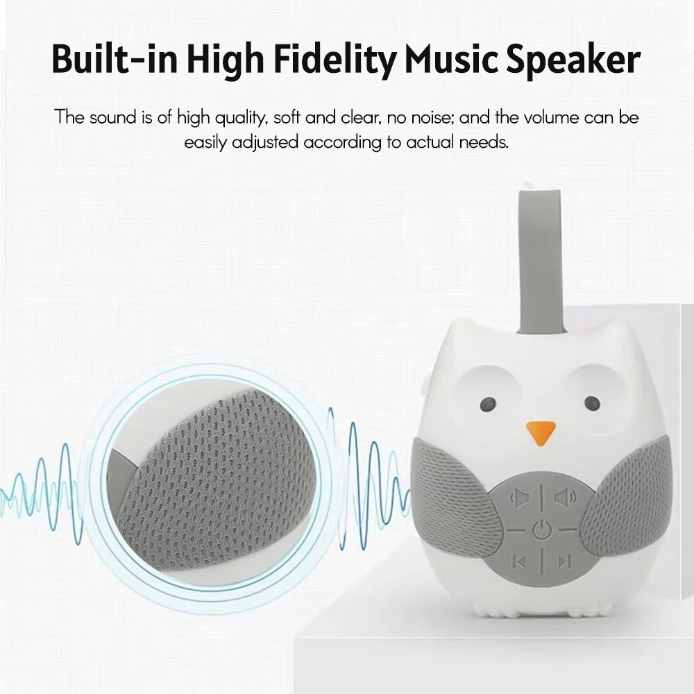 ZK30 Portable Owl White Noise Machine Baby Soother with 10 Light Music Songs 2 Natural Sounds Silicone Strap for Infants Toddler