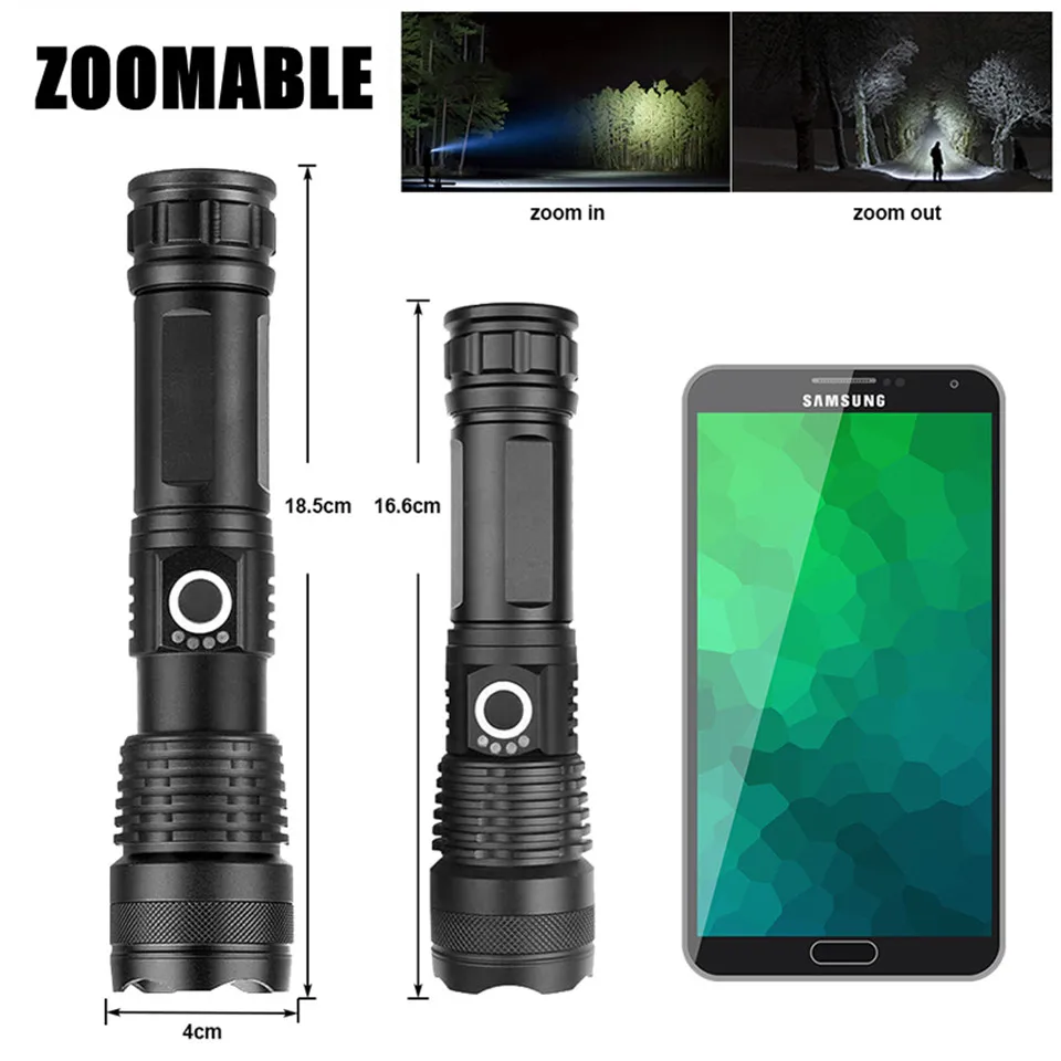 Powerful xhp70LED Tactical Flashlight 5 Modes USB Zoom Waterproof 18650 or 26650 Battery Best for Camping Outdoor Emergency