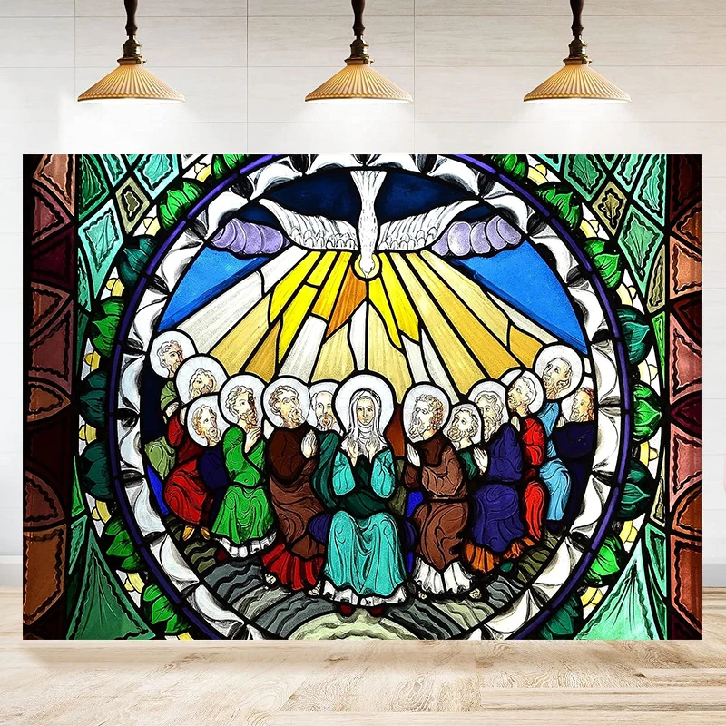 

Jesus Holy Spirit Photography Backdrop Stained Glass Window Pentecost Peace Dove Background Christian Church Event Decor Banner