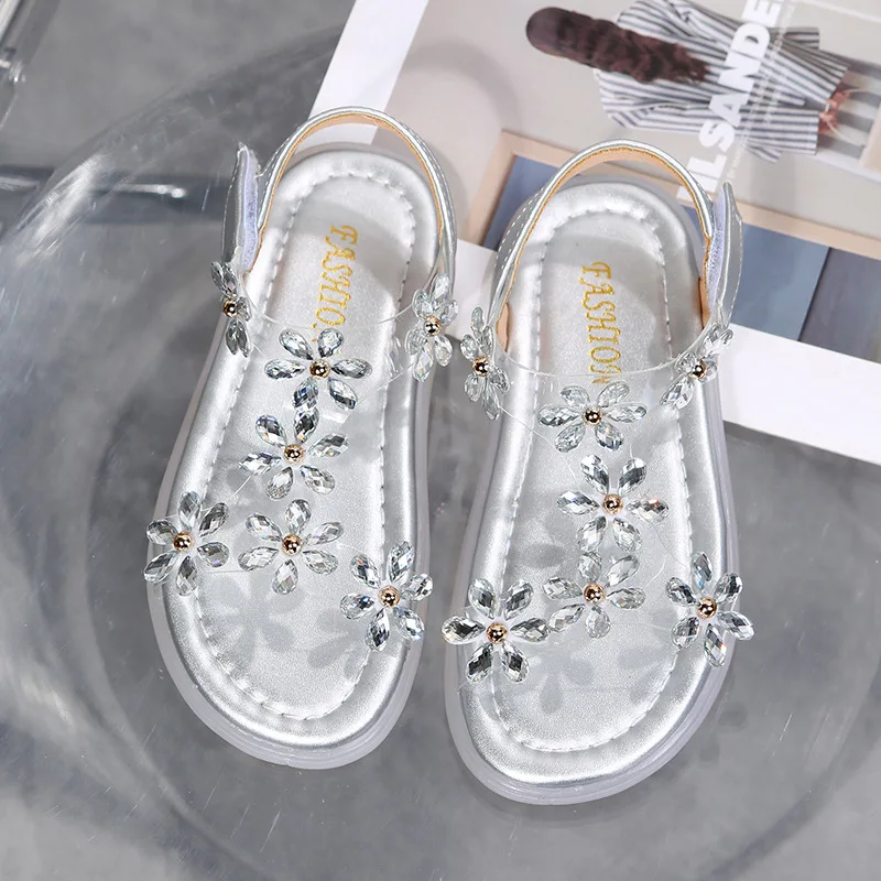 Baby Girl Sandals Crystal Bling Diamond Flower Princess Dance Shoes 2021 Summer Small Big Kids Party Shoes1-3-4-6-7-12 Years Old