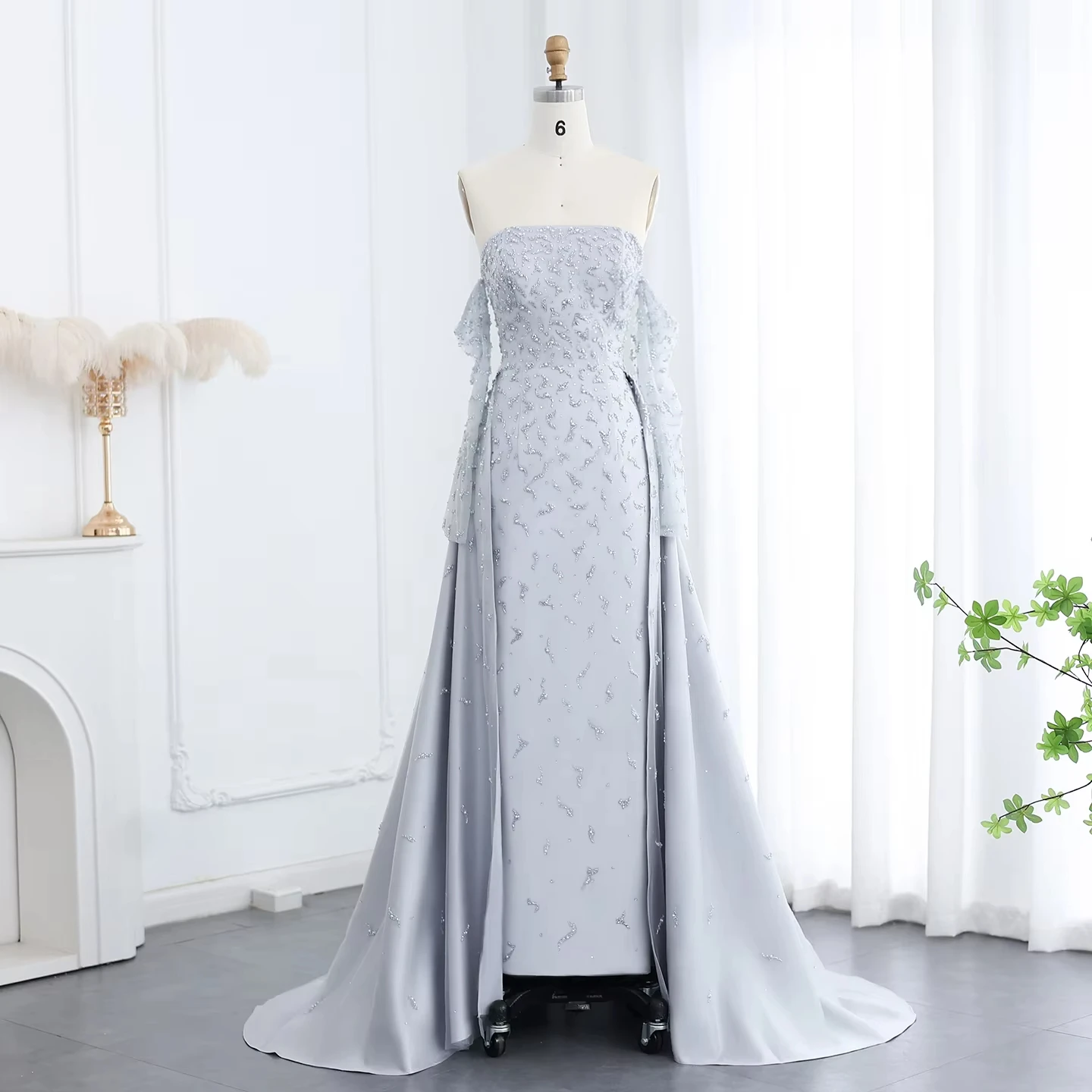 Arabic Silver Gray Luxury Dubai Evening Dress With Overskirt Sleeves Woman Wedding Party Elegant Prom Formal Gowns Lsz484