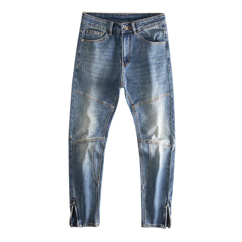 ربط جينز صغير الساق بقصة ضيقة، سراويل كلاسيكية للرجال مع أصفاد بسحاب، سراويل طويلة مرنة أنيقة ومتعددة الاستخدامات للدراجات النارية