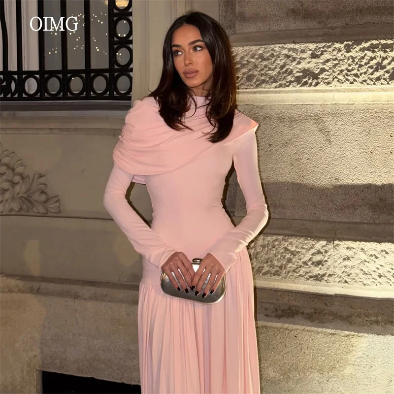 

OIMG Modern Pink High Neck A Line Prom Gowns Long Sleeves Elastic Party Gown Saudi Floor Length Evening Dress Customized