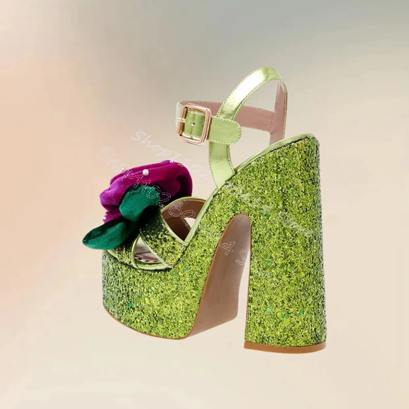 Appliques Decor Green Sequins Platform Sandals Buckle Strap Women Shoes Chunky High Heels Fashion Party 2024 Zapatos Para Mujere