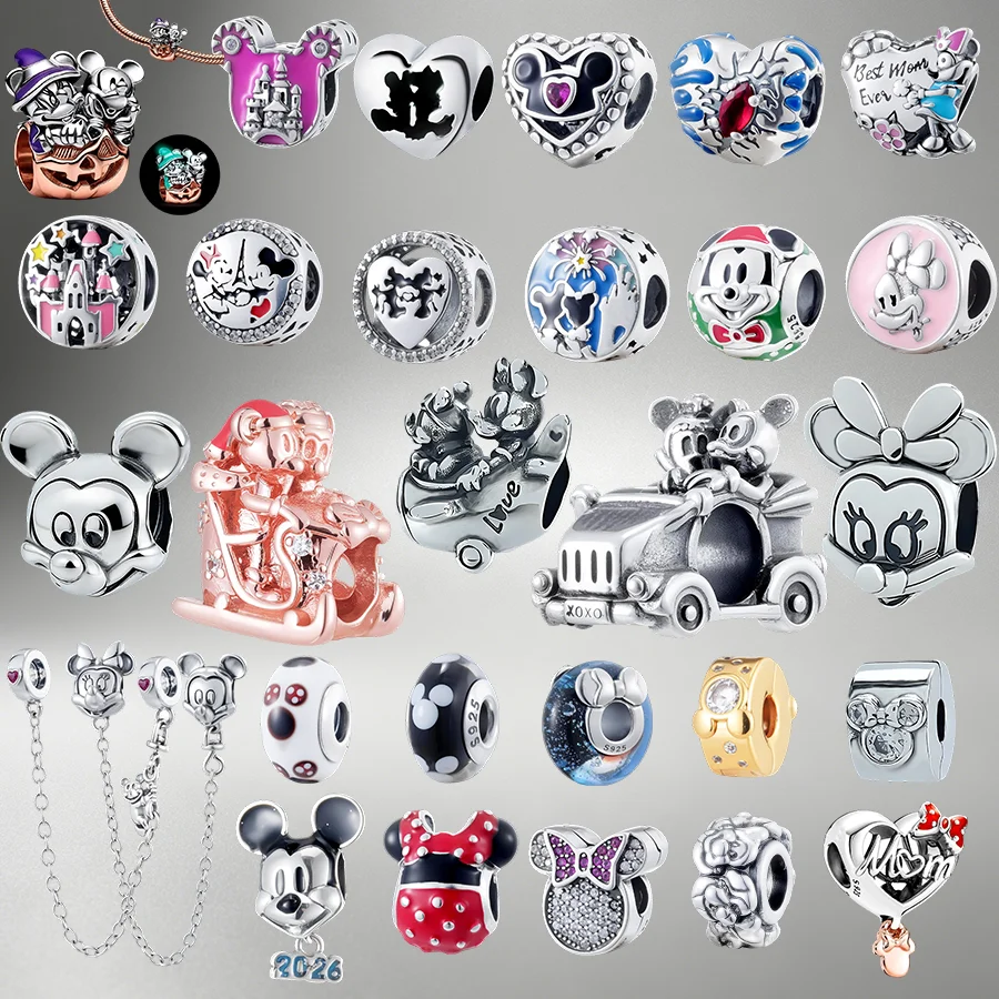 Hot Sale 925 Silver MINISO Mickey & Minnie Series Charm Beads,Fit Original European Bracelet,DIY Jewelry For Fans' Holiday Gifts