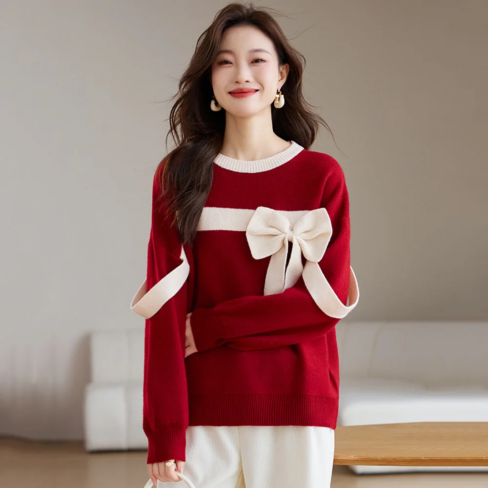 

New Women Autumn Winter Sweet Bow Sweater Fashion O-Neck Long Sleeve Loose Knitted Pullover Casual Beautiful Red Sweater