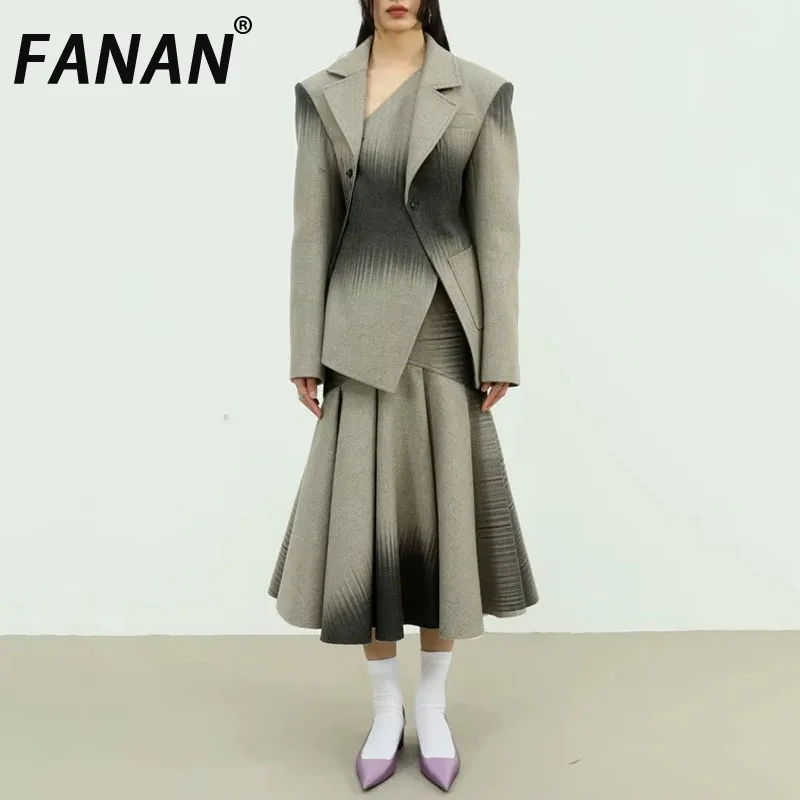 

FANAN Women's 2 Piece Set Irregular Design Gathered Waist Blazers+high Waist A-line Mid-length Skirts Female Suits 2025 New