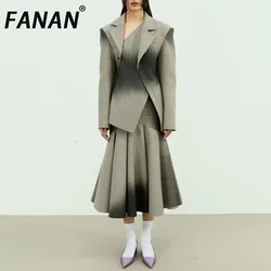 FANAN Women's 2 Piece Set Irregular Design Gathered Waist Blazers+high Waist A-line Mid-length Skirts Female Suits 2025 New