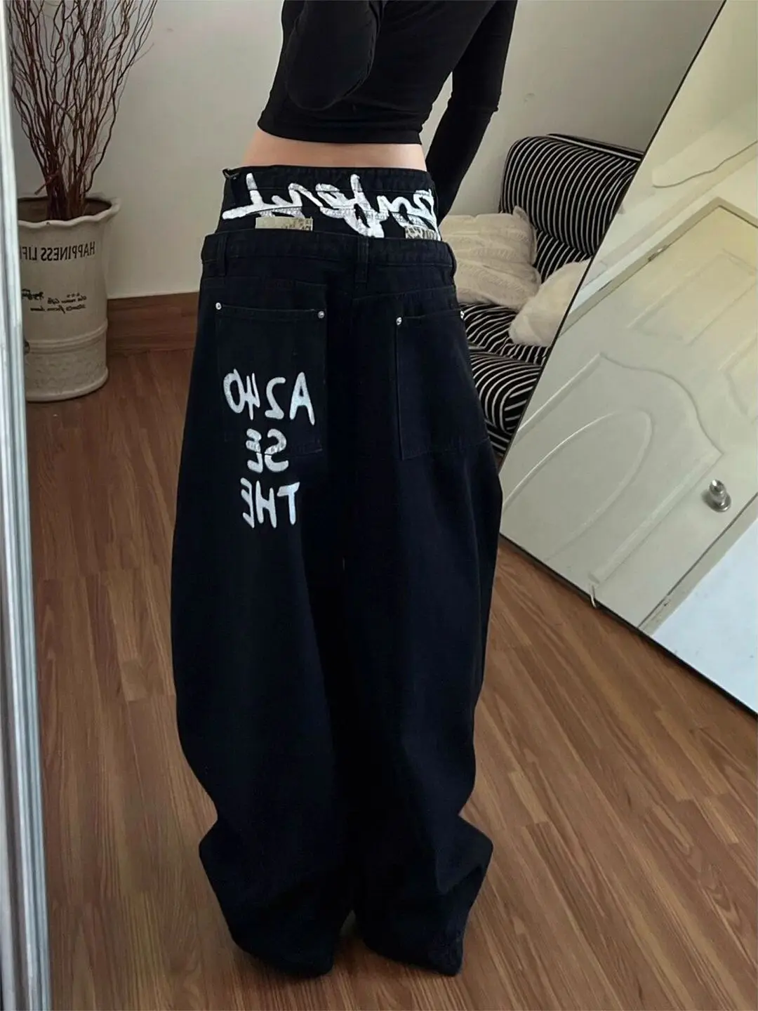 

American Vibe Retro Splicing Jeans plus Size High Street Trend Letter Print Double Waist Knife Long Pants Women's Loose Fit