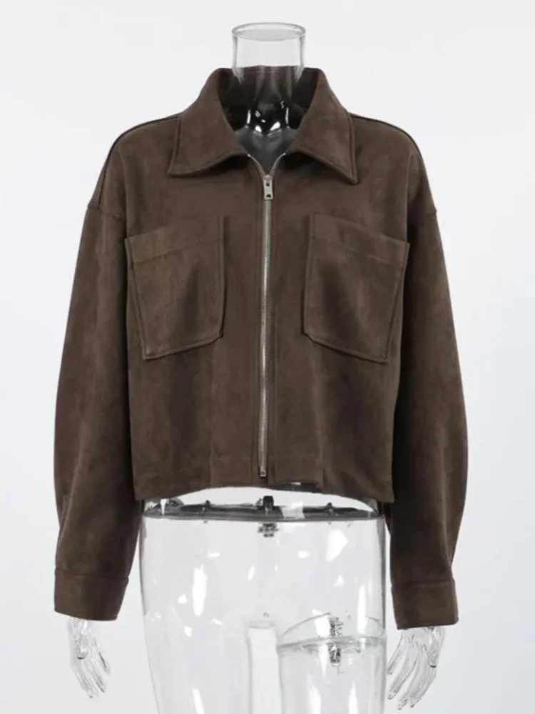 

Casual Solid Suede Jacket Women Lapel Full Sleeve Zipper Pockets Loose Short Coats 2025 Autumn Winter Chic Lady Street Outwewear