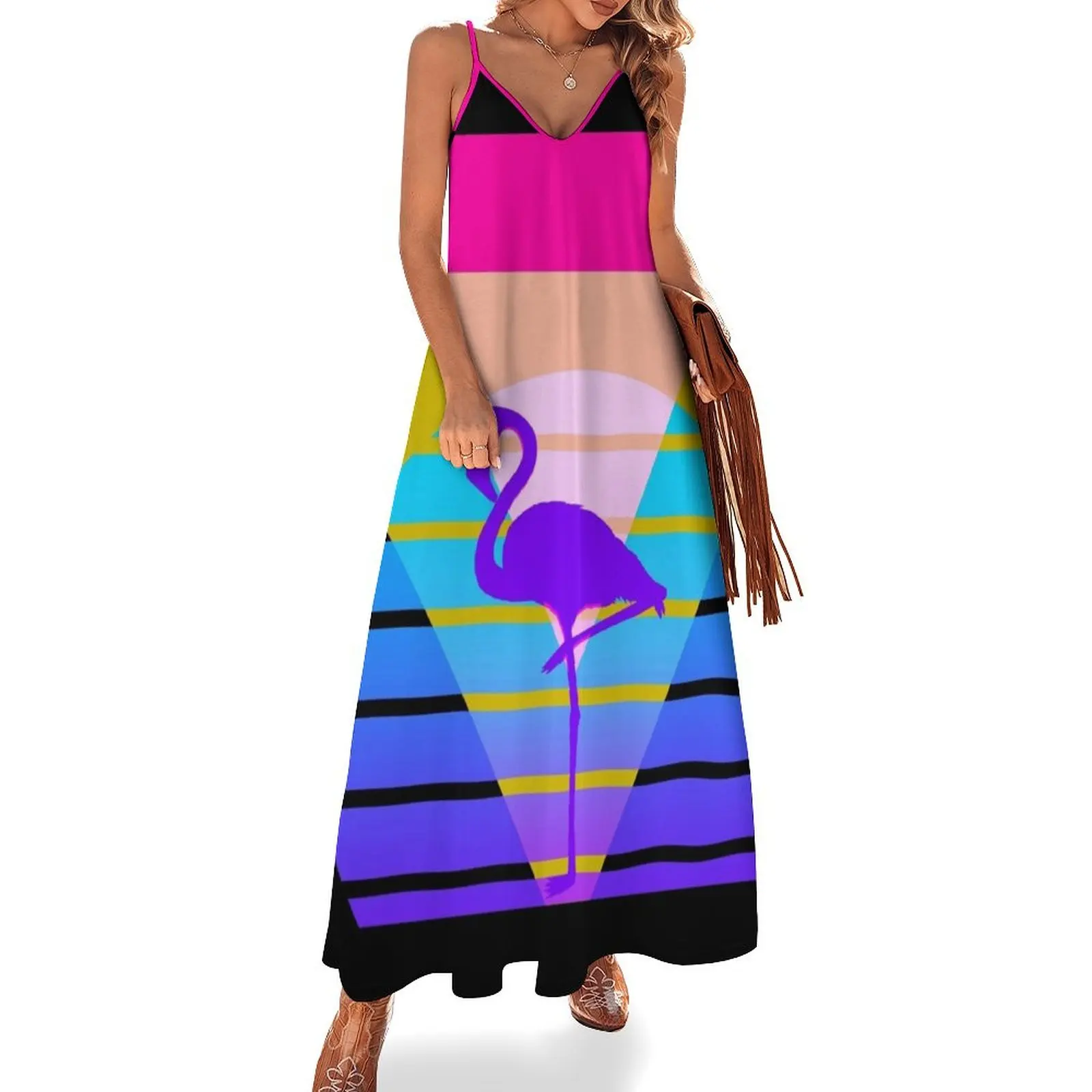 

Retro 80s Flamingo Sunset Sleeveless Long Dress woman dress dresses for prom Dress women