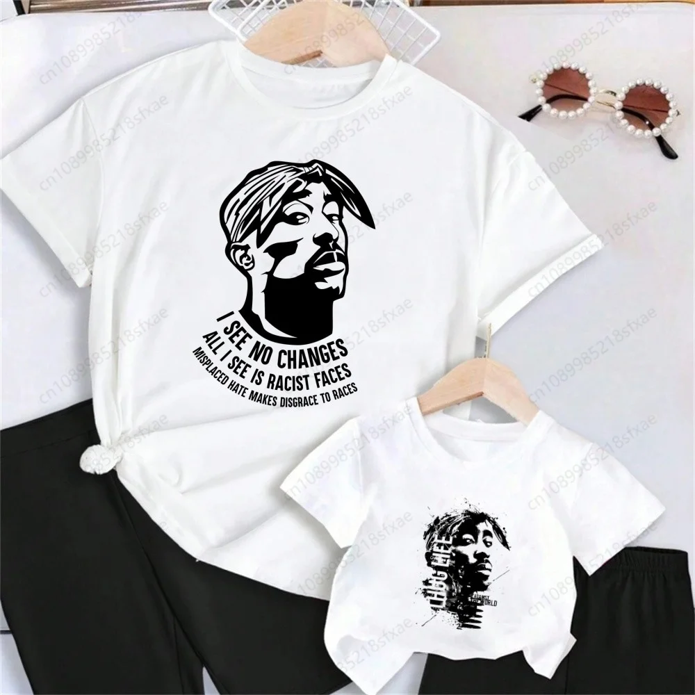 2pac Hip Hop Print Boys T Shirt for Family Cartoon Funny TShirt for Children Summer Kids Clothing T-shirt Cartoon White Tops Tee