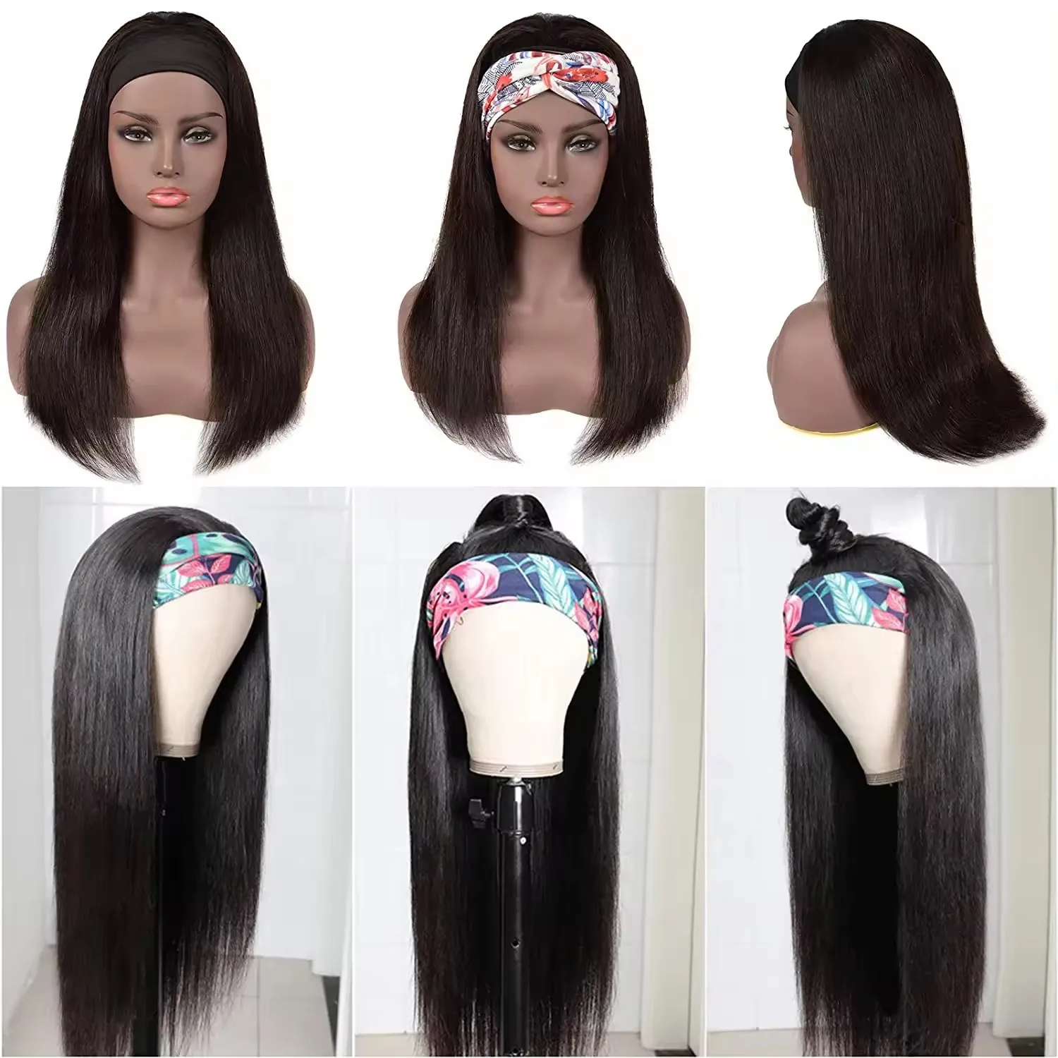 Cheap Machine Made Straight Human Hair Headband Wigs 150% Density Bone Straight Headband Wigs 100% Human Hair Wig For Women