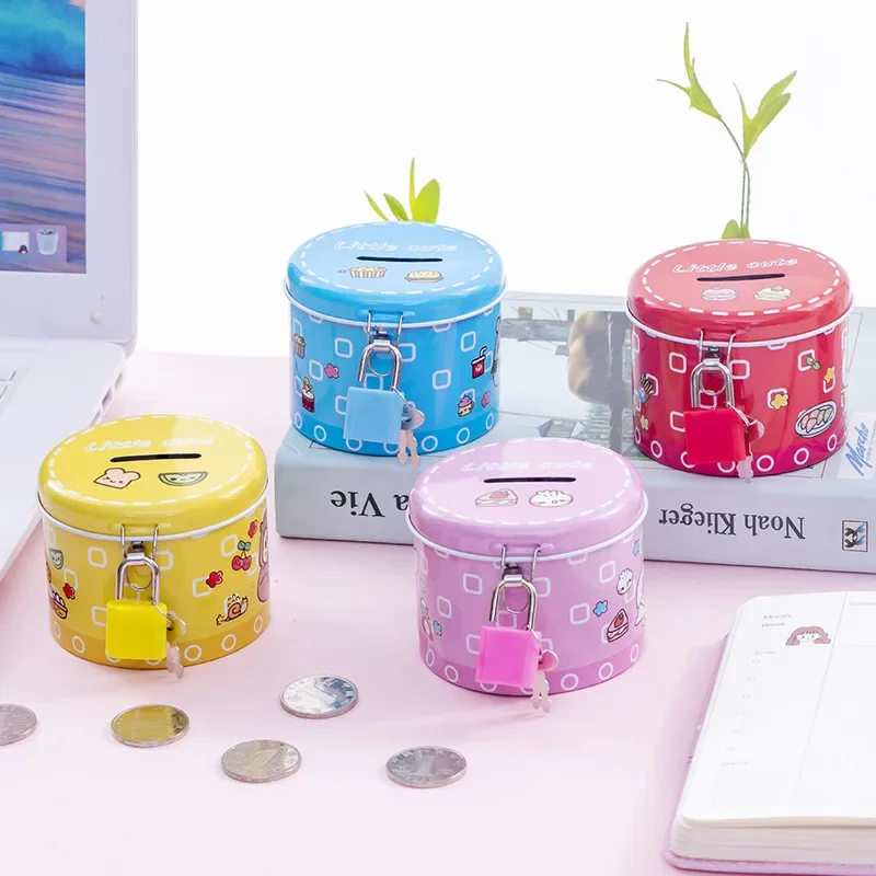 Creative Metal Cylinder Piggy Bank Tinplate Cartoon Saving Bank With Iron Lock For Gifts