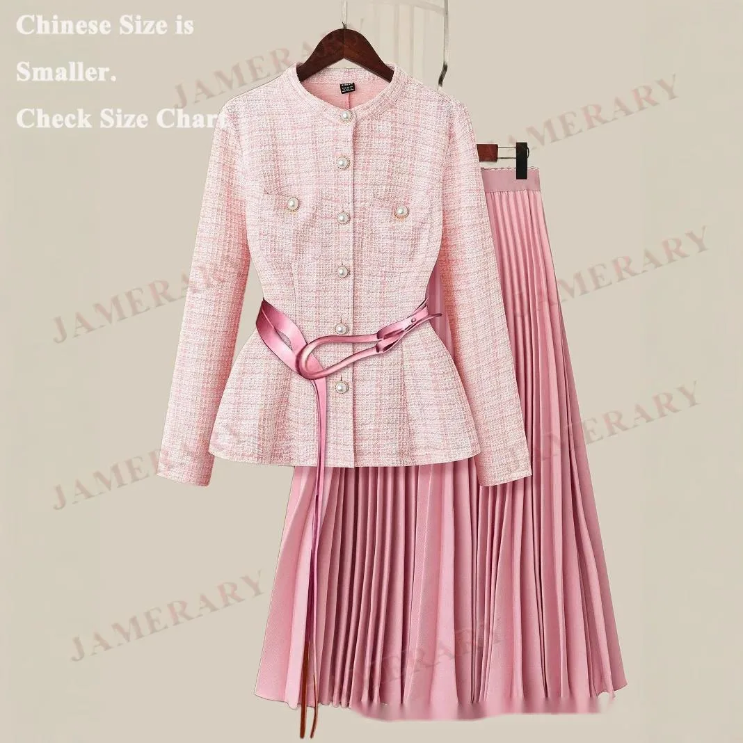 

Autumn Coats Two Piece Sets Women Tweed Jackets Long Pleated Skirts Pink Suits Office Lady Outfits No Belt