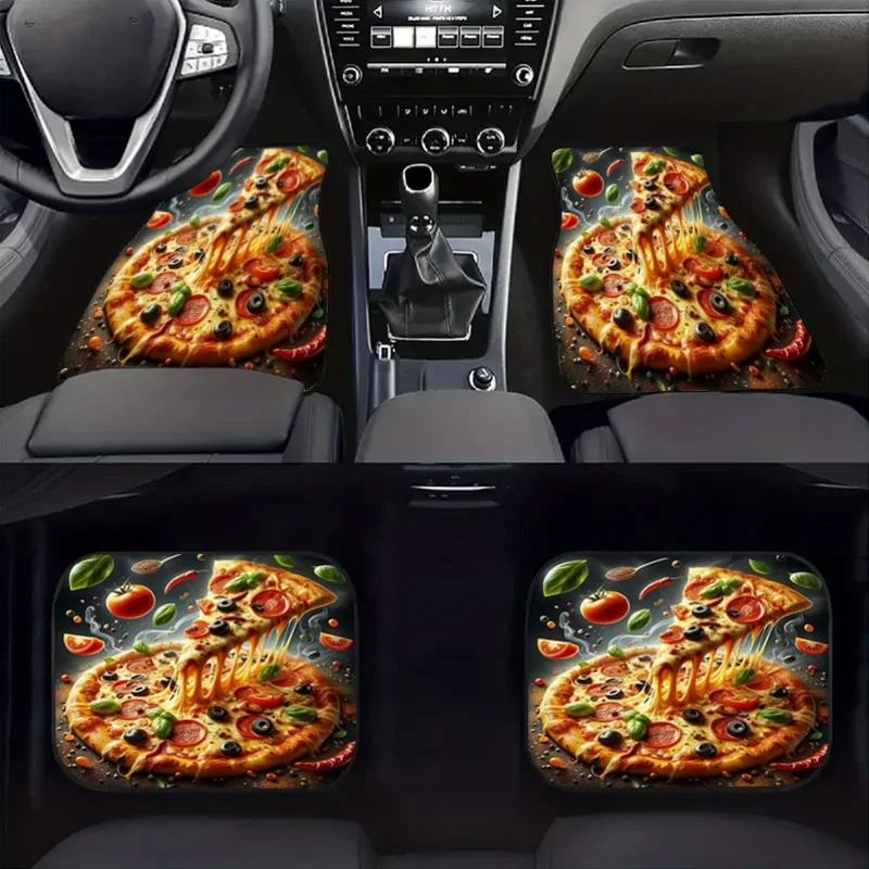 4pcs Pizza-Themed Car Floor Mats Set - Fit Non-Slip Pizza Slice Design (Pepperoni, Veggie, BBQ Chicken) - Soft -Like Luxury Floo