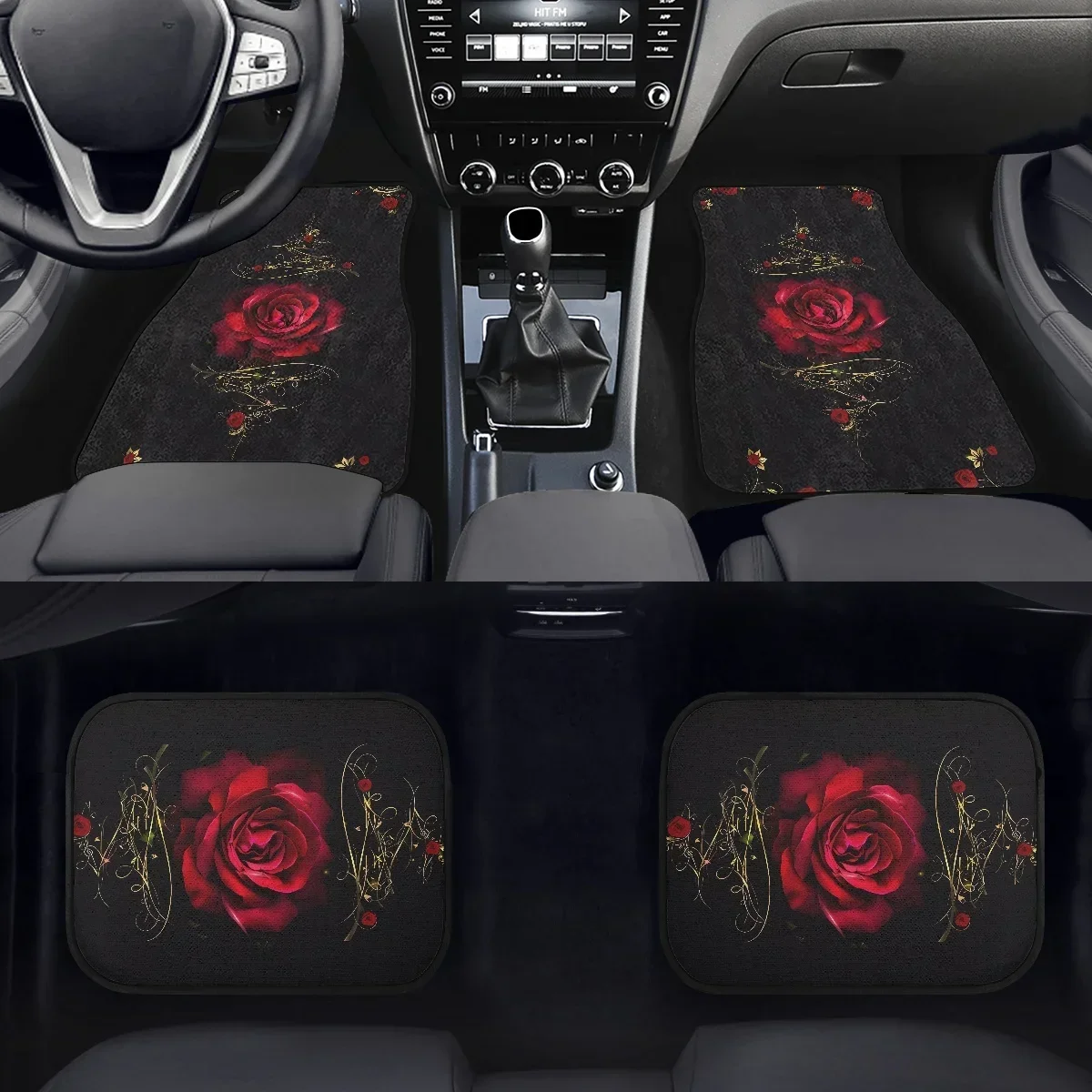 Luxury Rose Floral Print Universal Fit 4pcs Car Floor Mat Foot Pads Protector For Spills, Pets, Anti-slip Front And Rear Mats