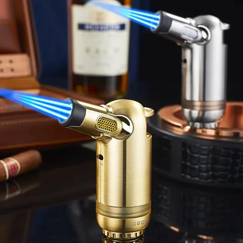

2026 Three Straight Blue Flame Windproof Lighter for Smokers Cigars Strong Outdoor Metal Welding Butane Turbine Torch Lighter