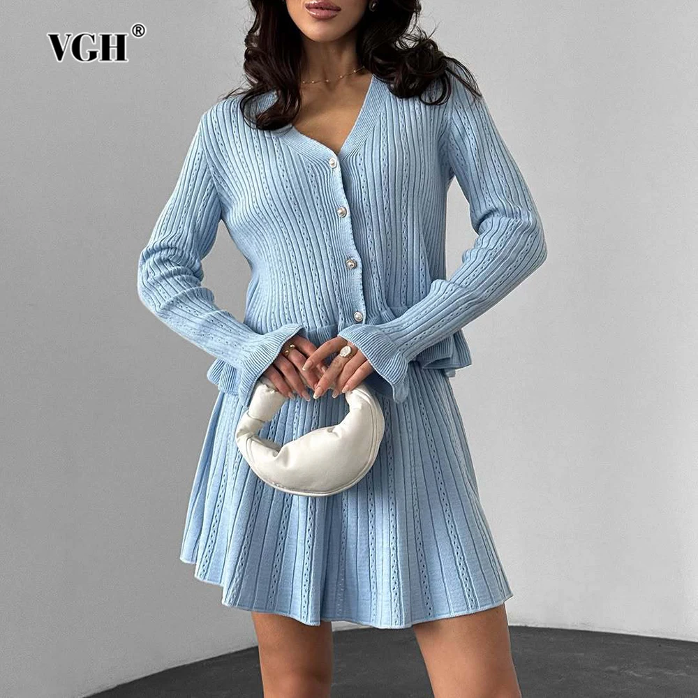 

VGH однотонные элегантные комплекты из двух предметов для похудения для женщин, топ с v-образным вырезом и длинными рукавами, мини-юбка с высокой талией, повседневный комплект, женская мода, новинка